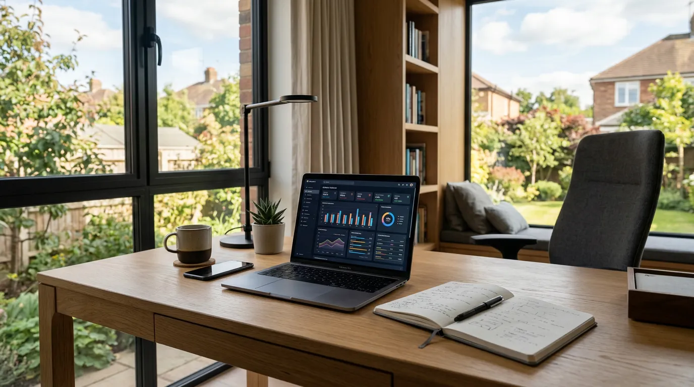 Modern home office setup with laptop showing analytics dashboard, open notebook, pen, professional minimal workspace, warm natural lighting through window