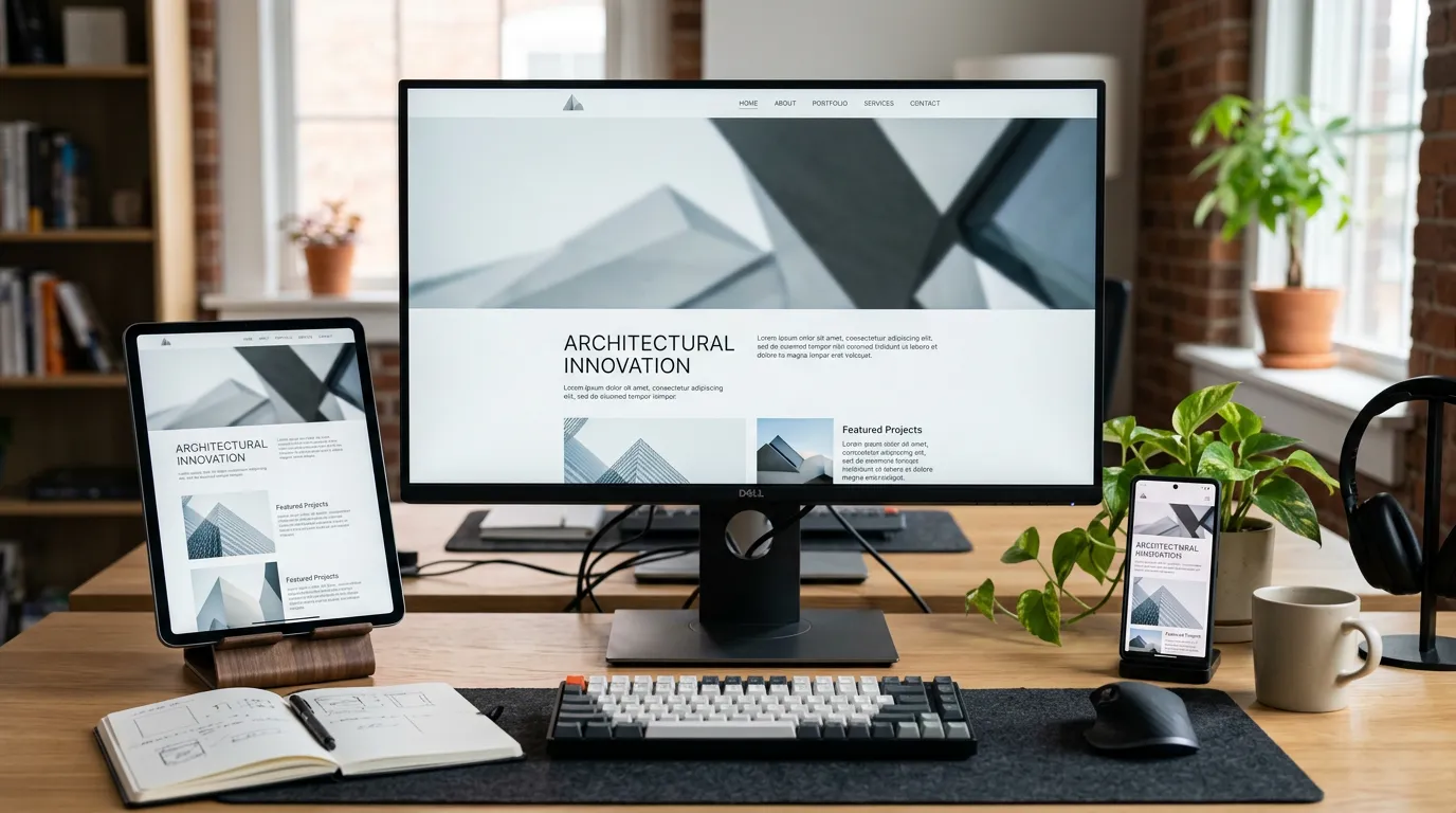 Computer monitor displaying a clean, modern website design mockup, tablet and smartphone showing responsive layouts, designer's workspace