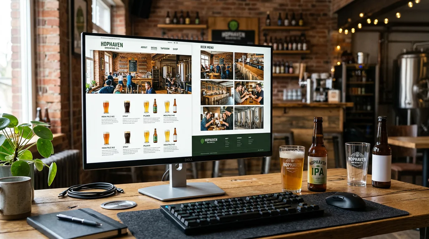 Brewery website design displayed on computer monitor showing beer menu and taproom photos, craft beer bottles and glasses beside keyboard, professional digital workspace